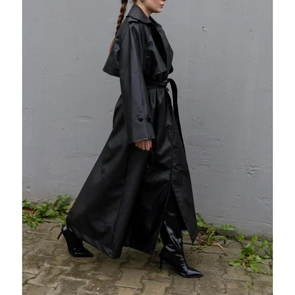 Black Faux Leather Trench Coat Long Belted Jacket Women Oversized Fall - Picture 9 of 9